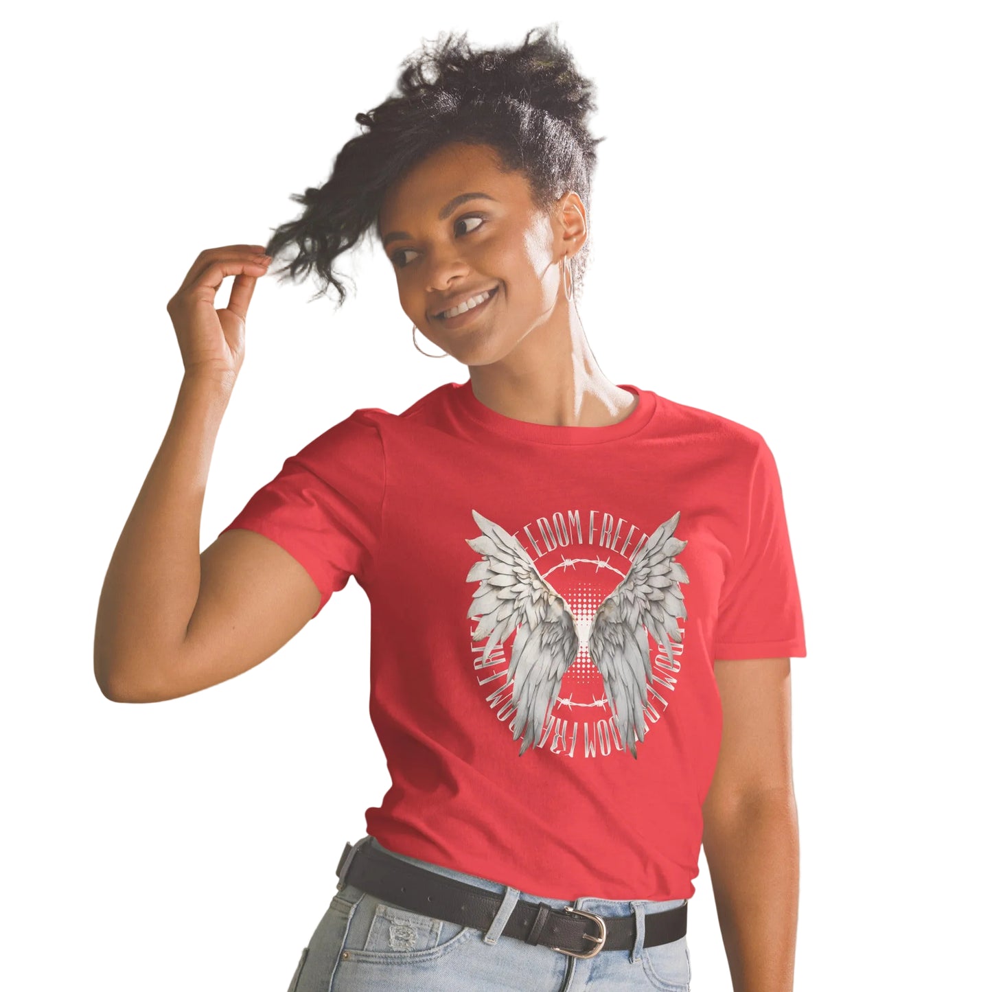 Product mockup, Rotes T-Shirt „Freedom“ – mit weißem Flügel-Design - Sabiswelt