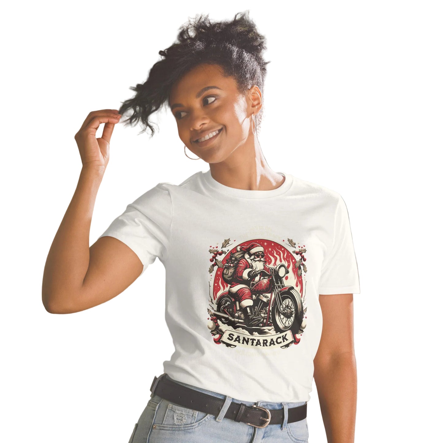 Product mockup, Santarack ist unterwegs T-Shirt in weiß- Weihnachten | Sabiswelt