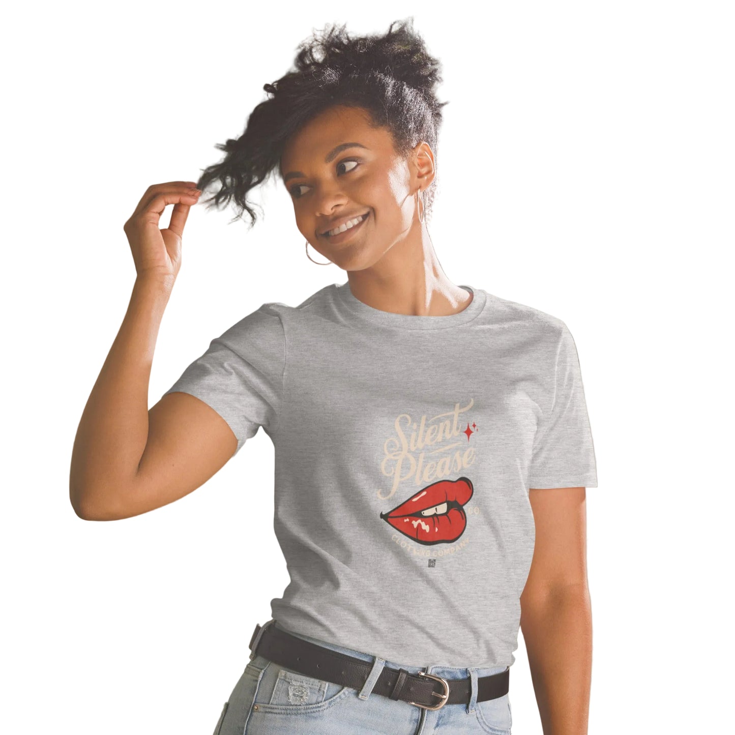 Sport Graues „Silent Please" Statement T-Shirt in Schwarz mit Lippen-Print – Sabiswelt