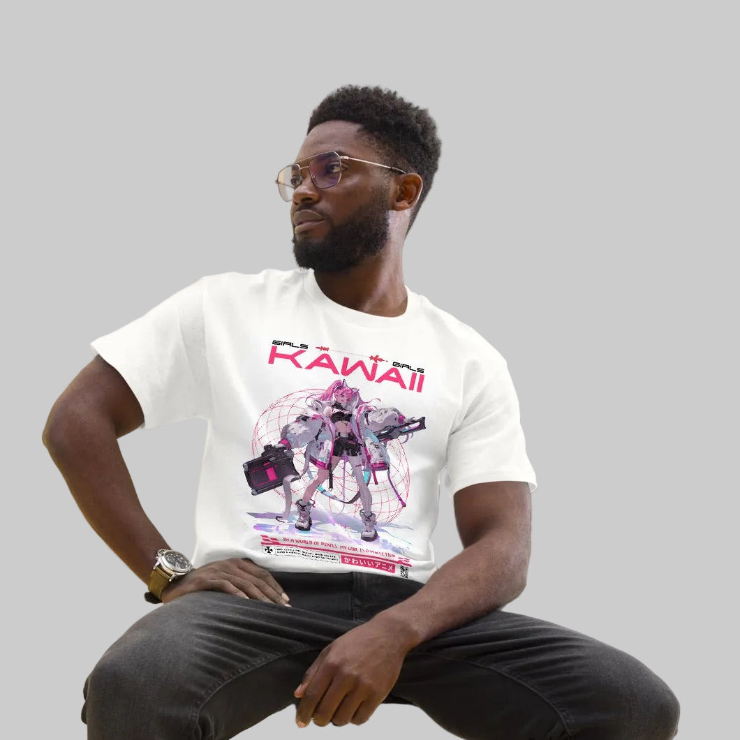 "Girls Kawaii" Anime T-Shirt in Weiß mit futuristischem Cyberpunk-Anime-Print in Pink – Sabiswelt