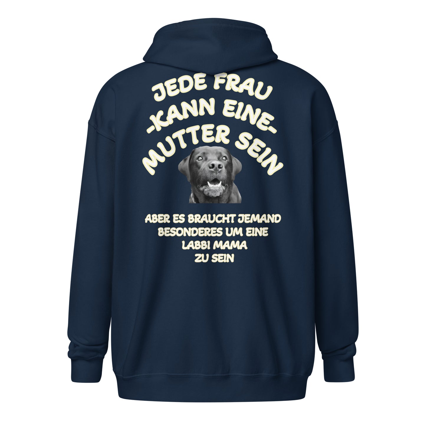 Dunkelblauer Unisex Zip Hoodie "Labbi Mama" mit Labrador-Motiv und Spruch auf dem Rücken – Frontansicht