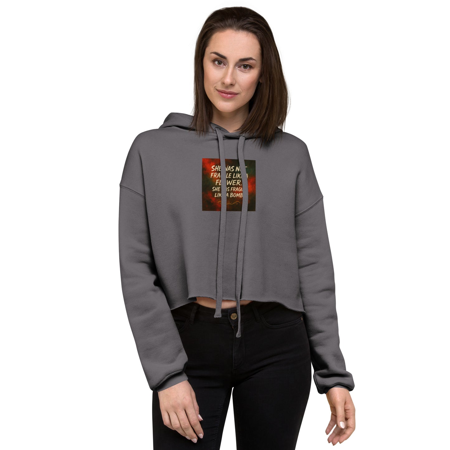 Graues Damen Crop Hoodie mit Statement-Print "She Was Not Fragile Like a Flower, She Was Fragile Like a Bomb" – Sabiswelt