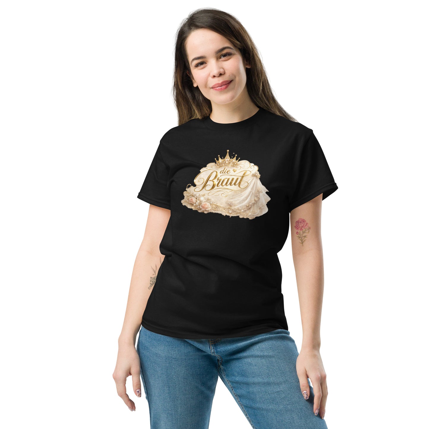 Die Braut – Elegantes JGA-Shirt mit Goldkrone, Schleier & romantischem Glamour-Design - Sabiswelt, Product mockup
