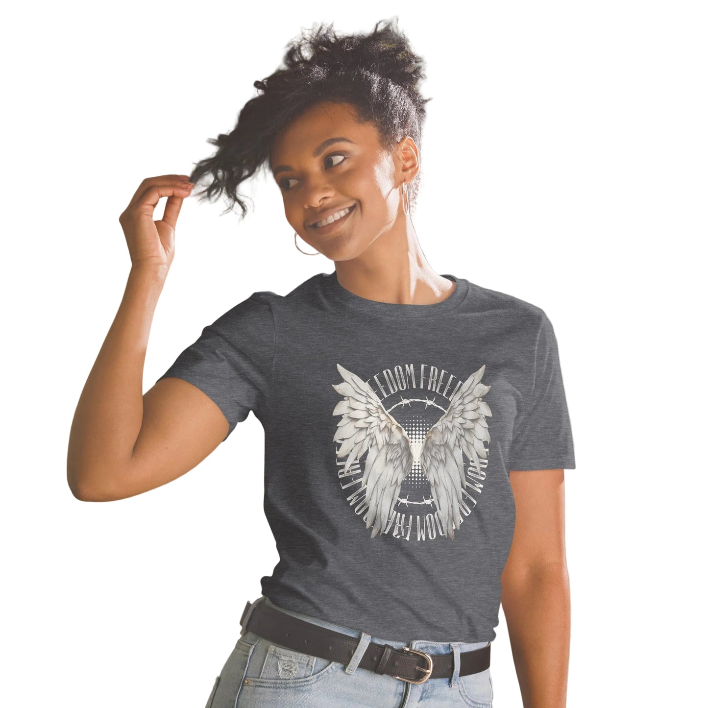 Product mockup, Graues T-Shirt „Freedom“ – mit weißem Flügel-Design - Sabiswelt