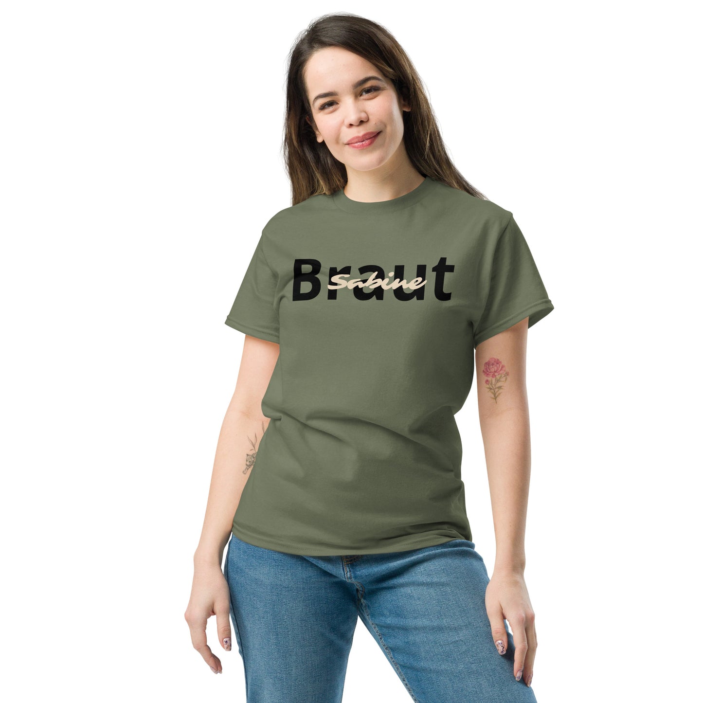 Military Green Braut T-Shirt mit Wunschname – Personalisiertes JGA Shirt