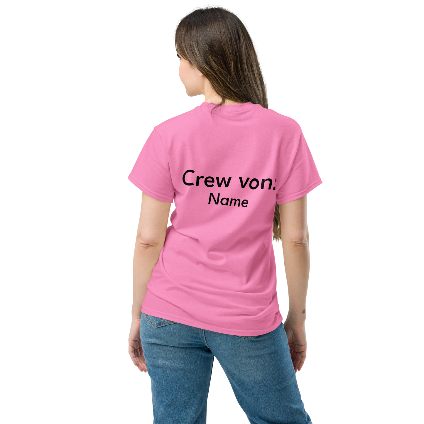 Pinkes personalisiertes JGA Braut T-Shirt Rückenansicht „Crew von: Name“ aus 100 % Baumwolle.