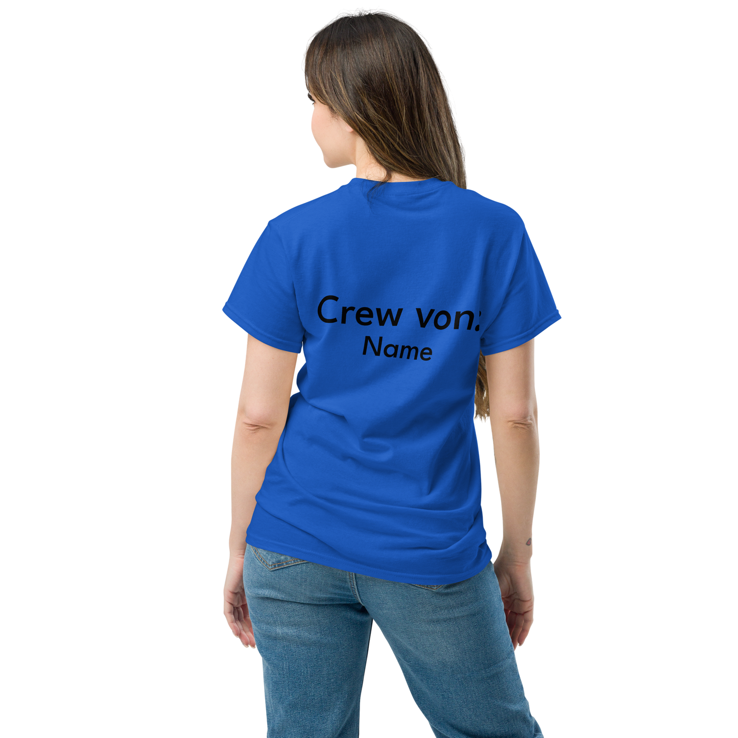 Royalblaues personalisiertes JGA Braut T-Shirt Rückenansicht „Crew von: Name“ aus 100 % Baumwolle.