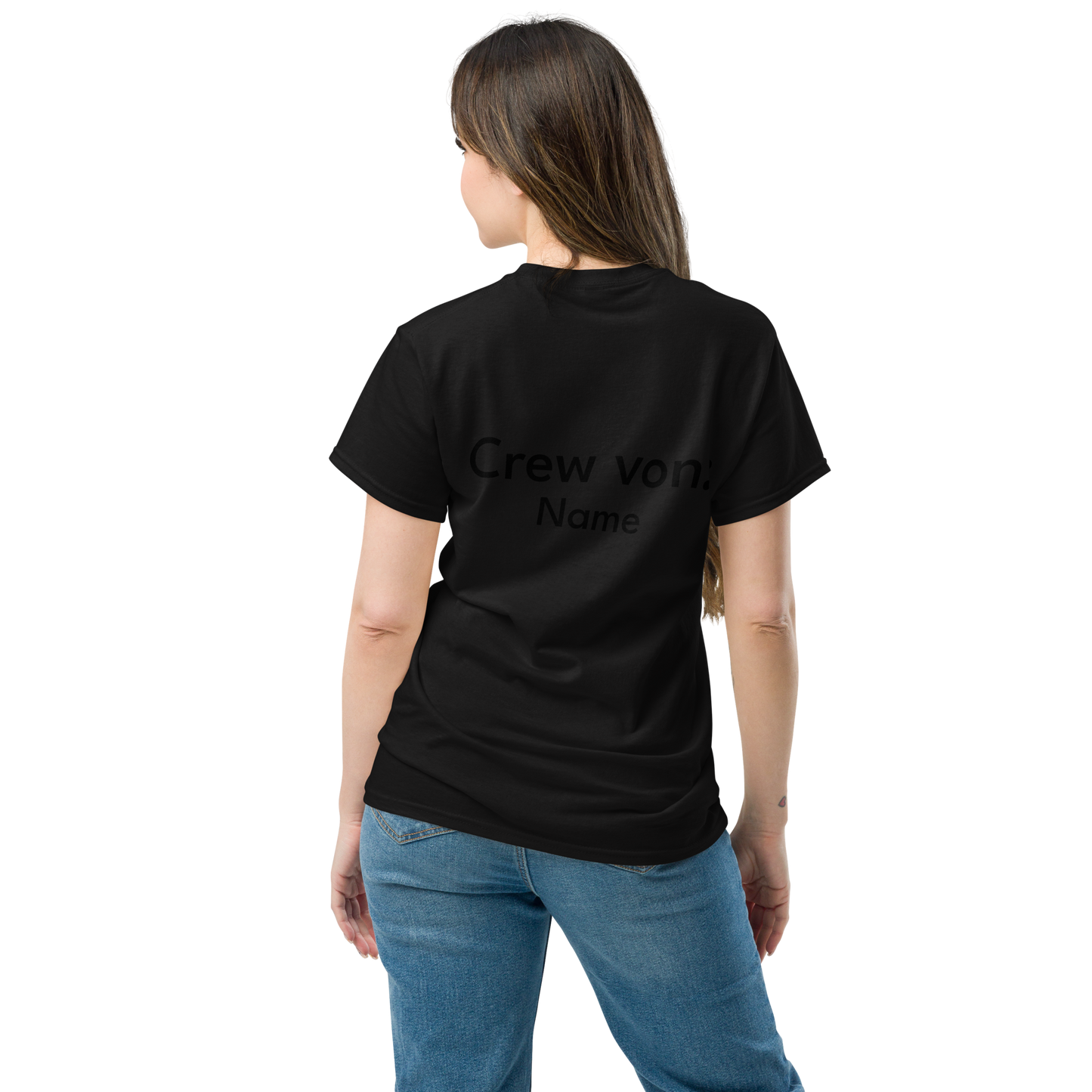 Schwarzes personalisiertes JGA Braut T-Shirt Rückenansicht „Crew von: Name“ aus 100 % Baumwolle.