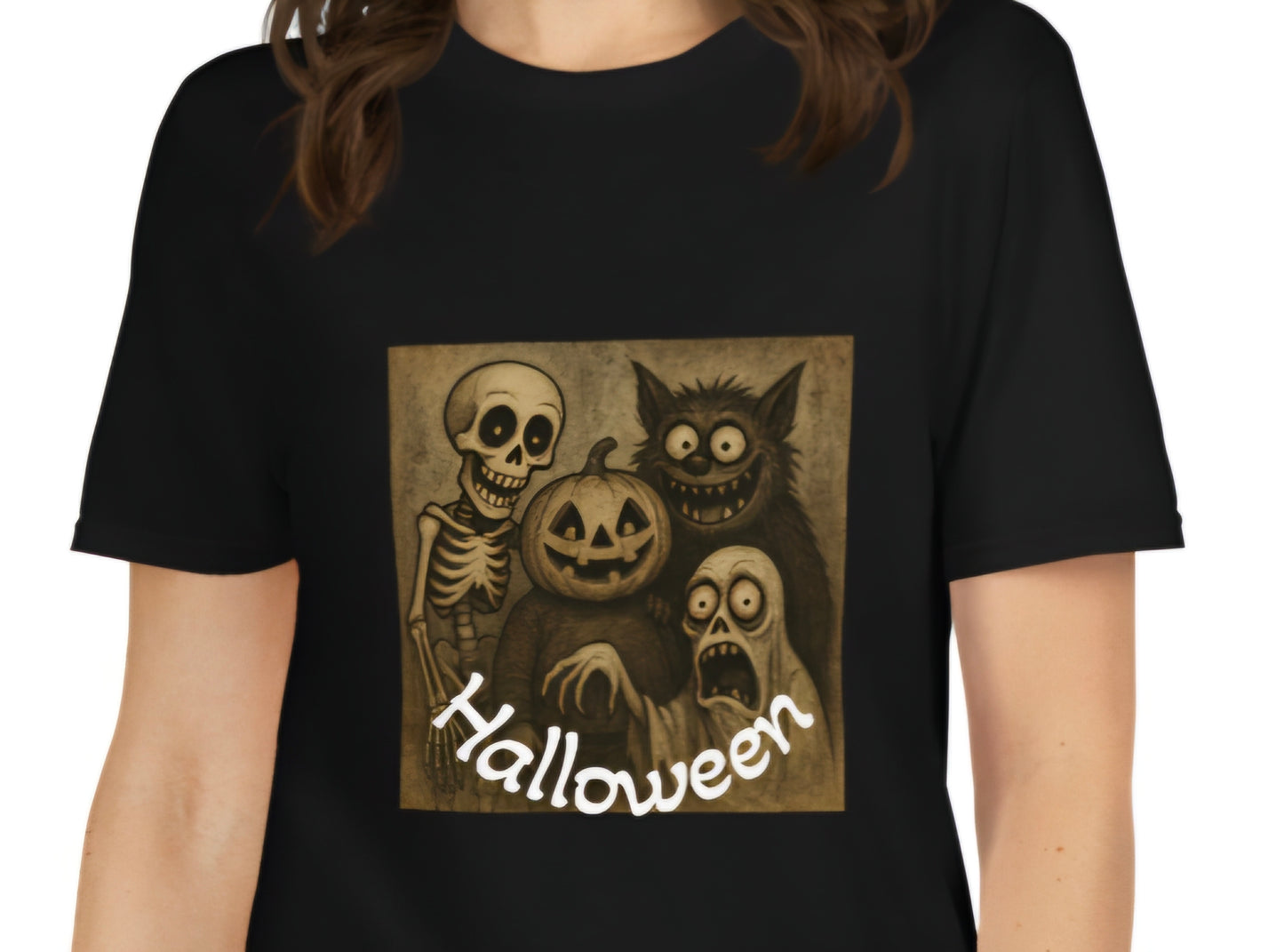 Halloween T-Shirt – Schwarzes Vintage Shirt mit Skelett, Kürbis & Geist Print | Sabiswelt