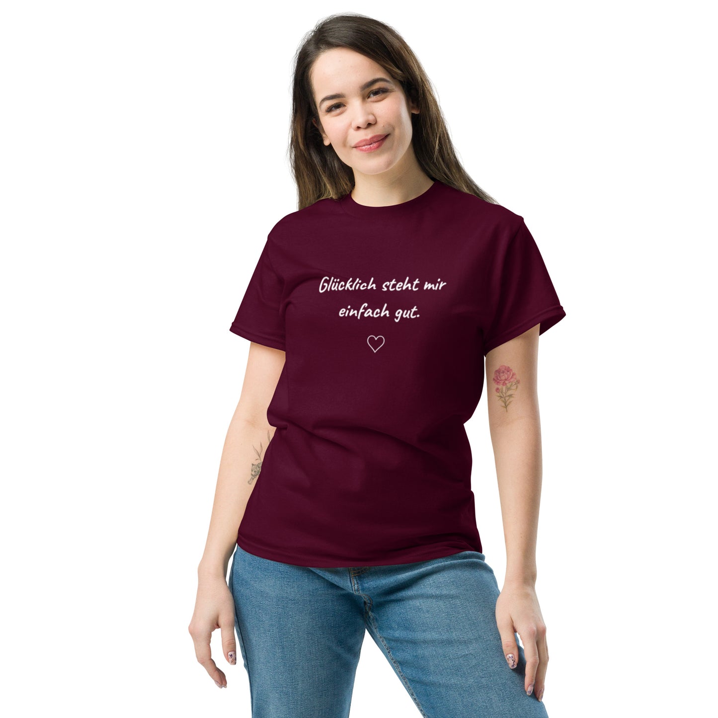 T-Shirt Glücklich sein steht mir einfach gut – Kastanienbraunes Damen Statement Shirt