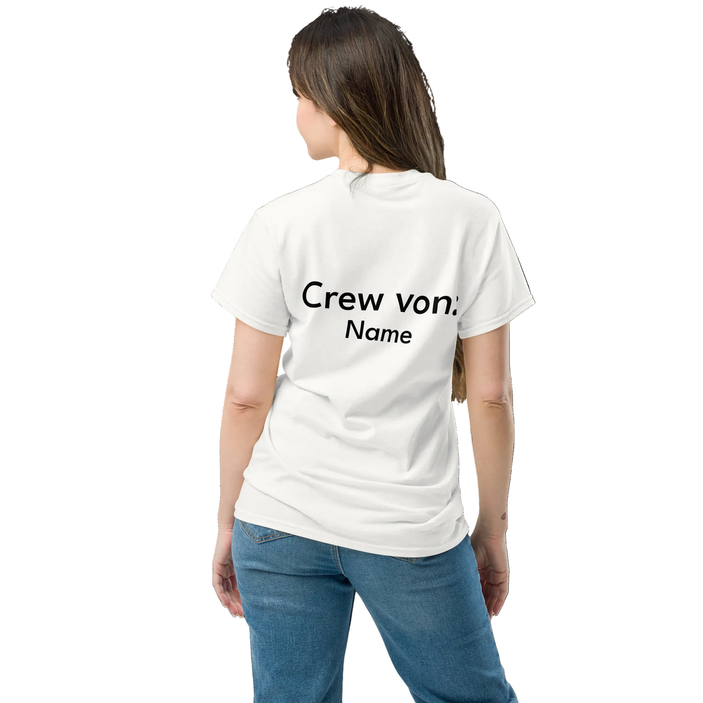 Weißes personalisiertes JGA Braut T-Shirt Rückenansicht „Crew von: Name“ aus 100 % Baumwolle.