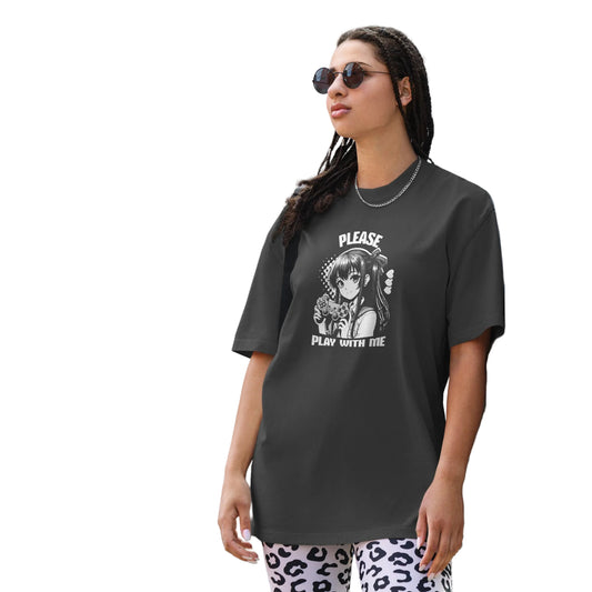 Oversized T-Shirt in Faded Black mit "Please Play With Me" Anime Gaming Girl Print – Street Style | Sabiswelt