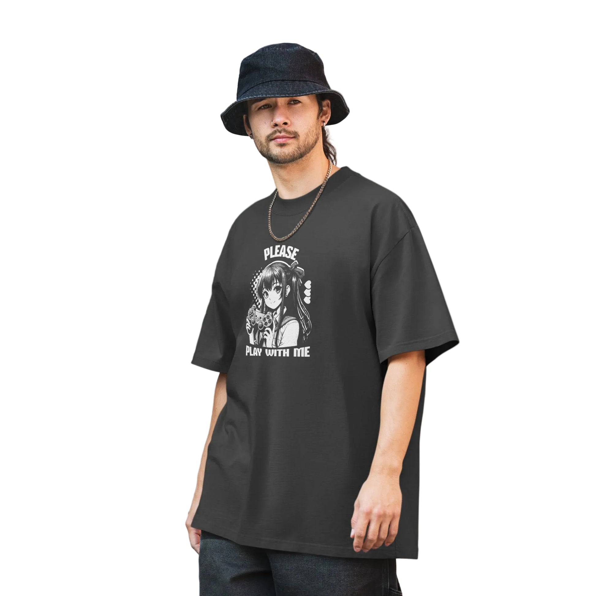 Oversized T-Shirt in Faded Black mit "Please Play With Me" Anime Gaming Girl Print – Street Style | Sabiswelt