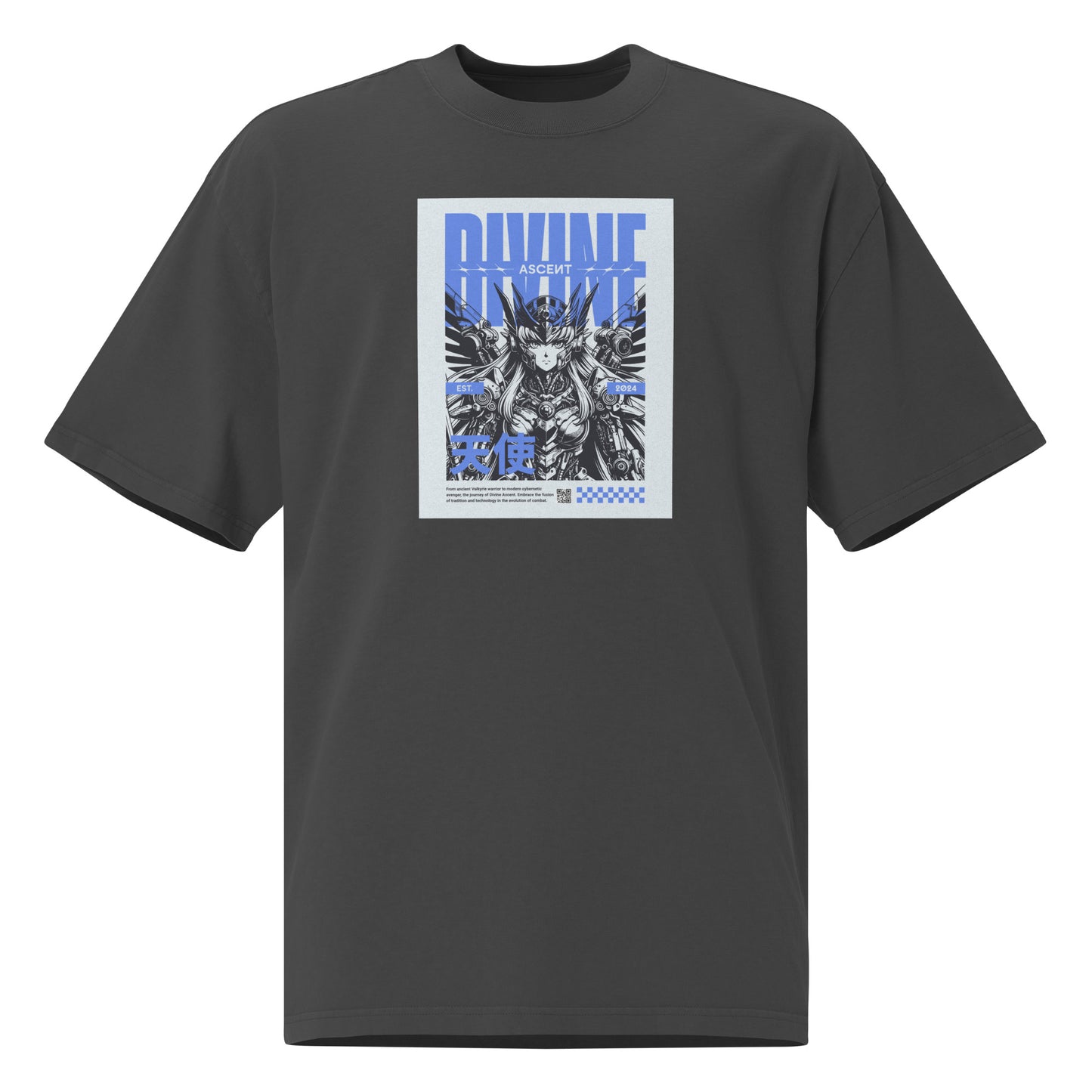 Oversized T-Shirt in Faded Black mit "Divine Ascent" Anime-Print in Blau und Weiß – Japan Street Style | Sabiswelt