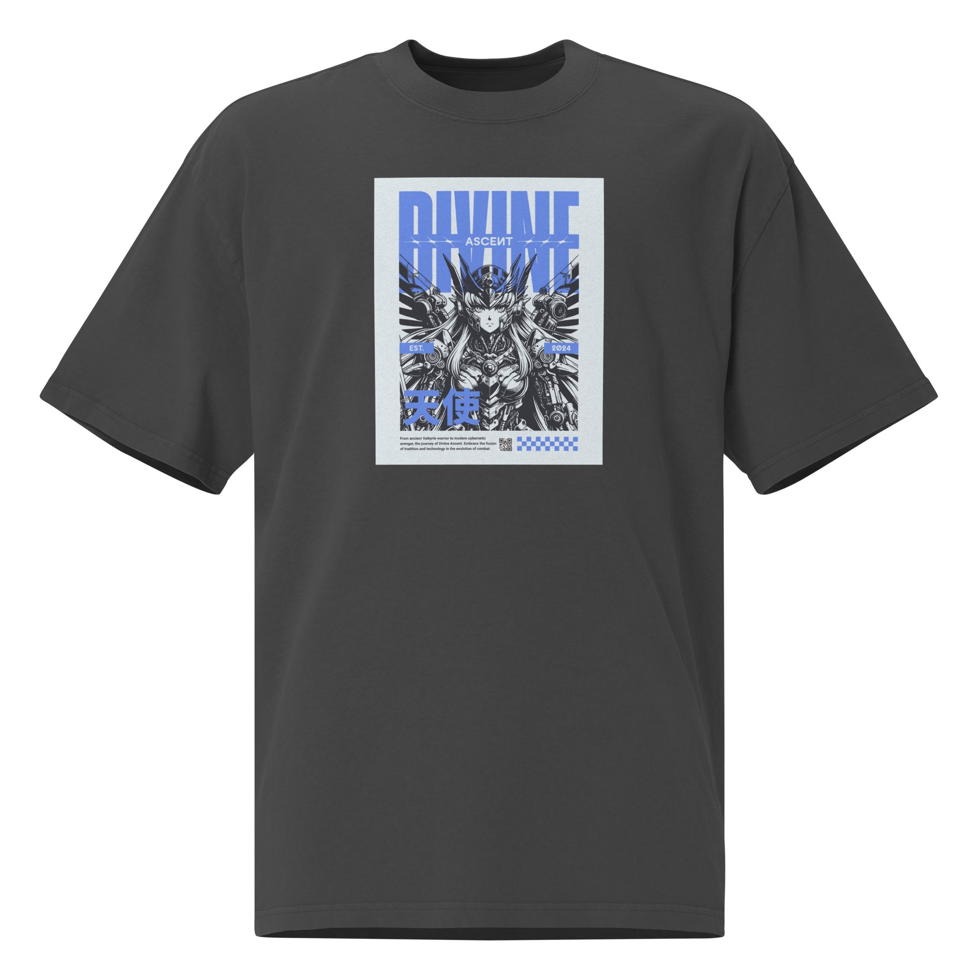 Oversized T-Shirt in Faded Black mit "Divine Ascent" Anime-Print in Blau und Weiß – Japan Street Style | Sabiswelt