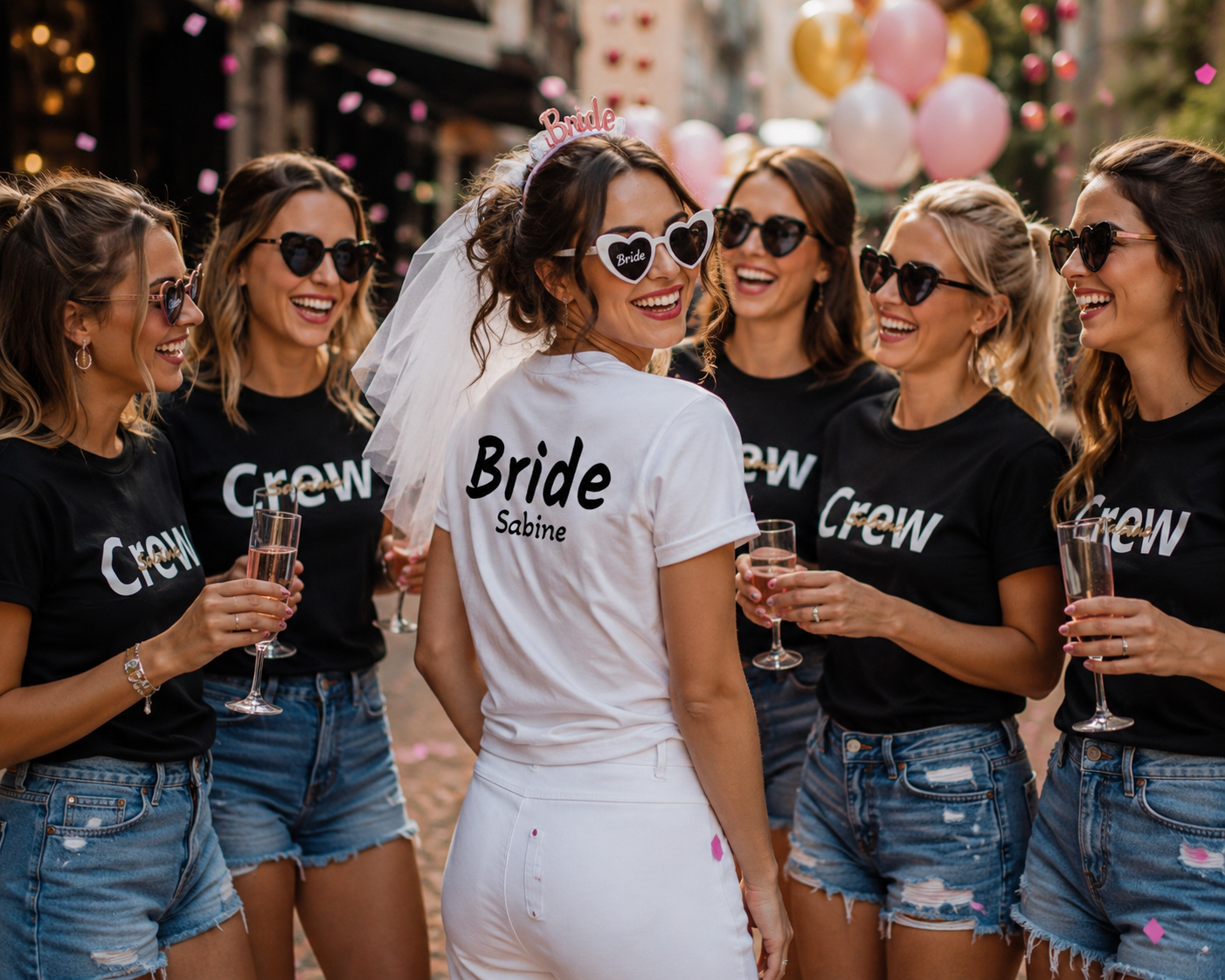 Braut mit personalisiertem Bride Shirt und Crew beim JGA