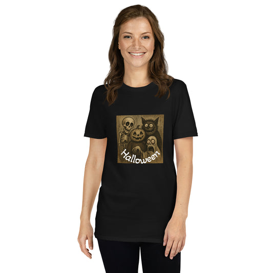 Schwarzes Unisex T-Shirt mit Vintage Halloween-Print: Skelett, Kürbis, Geist und schwarze Katze – Sabiswelt