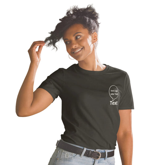 Schwarzes personalisiertes T-Shirt mit Platzhalter für Logo und Text – individuell bedruckbar für Firmen & Vereine | Sabiswelt