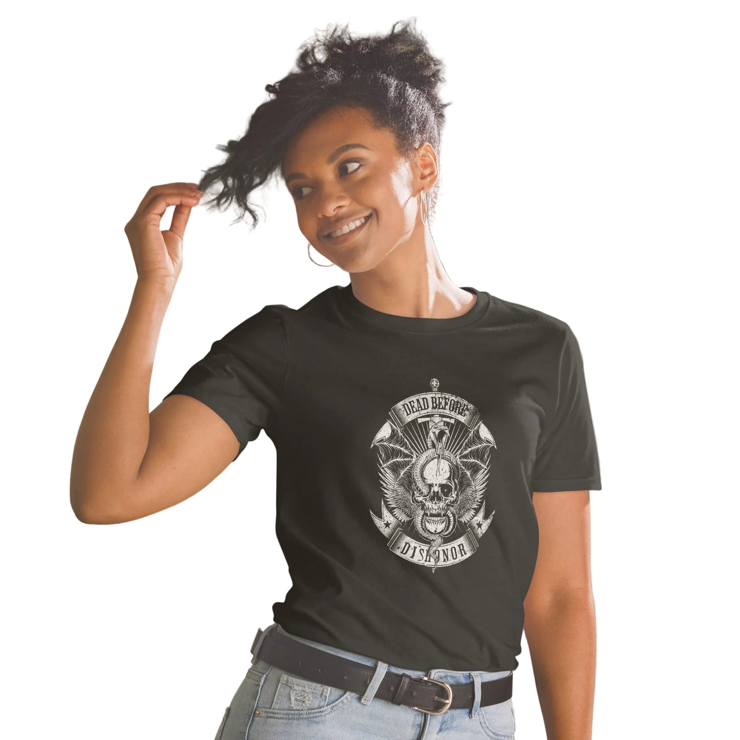 „Dead Before Dishonor" Statement T-Shirt in Schwarz mit Totenkopf- und Adler-Print – Sabiswelt