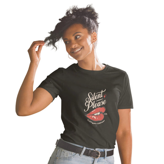 Schwarzes „Silent Please" Statement T-Shirt in Schwarz mit Lippen-Print – Sabiswelt