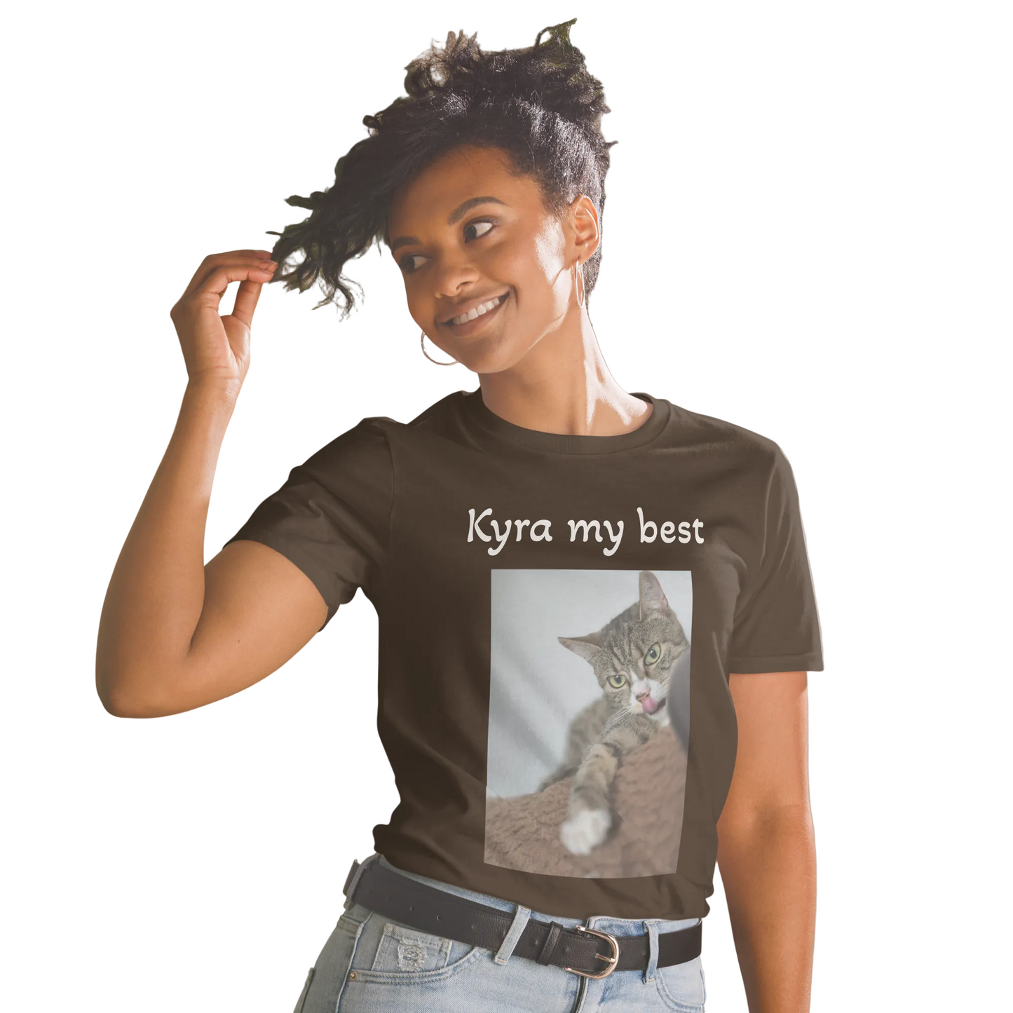 Braunes Personalisiertes Haustier T-Shirt in Navy mit Katzenfoto und individuellem Text – Sabiswelt