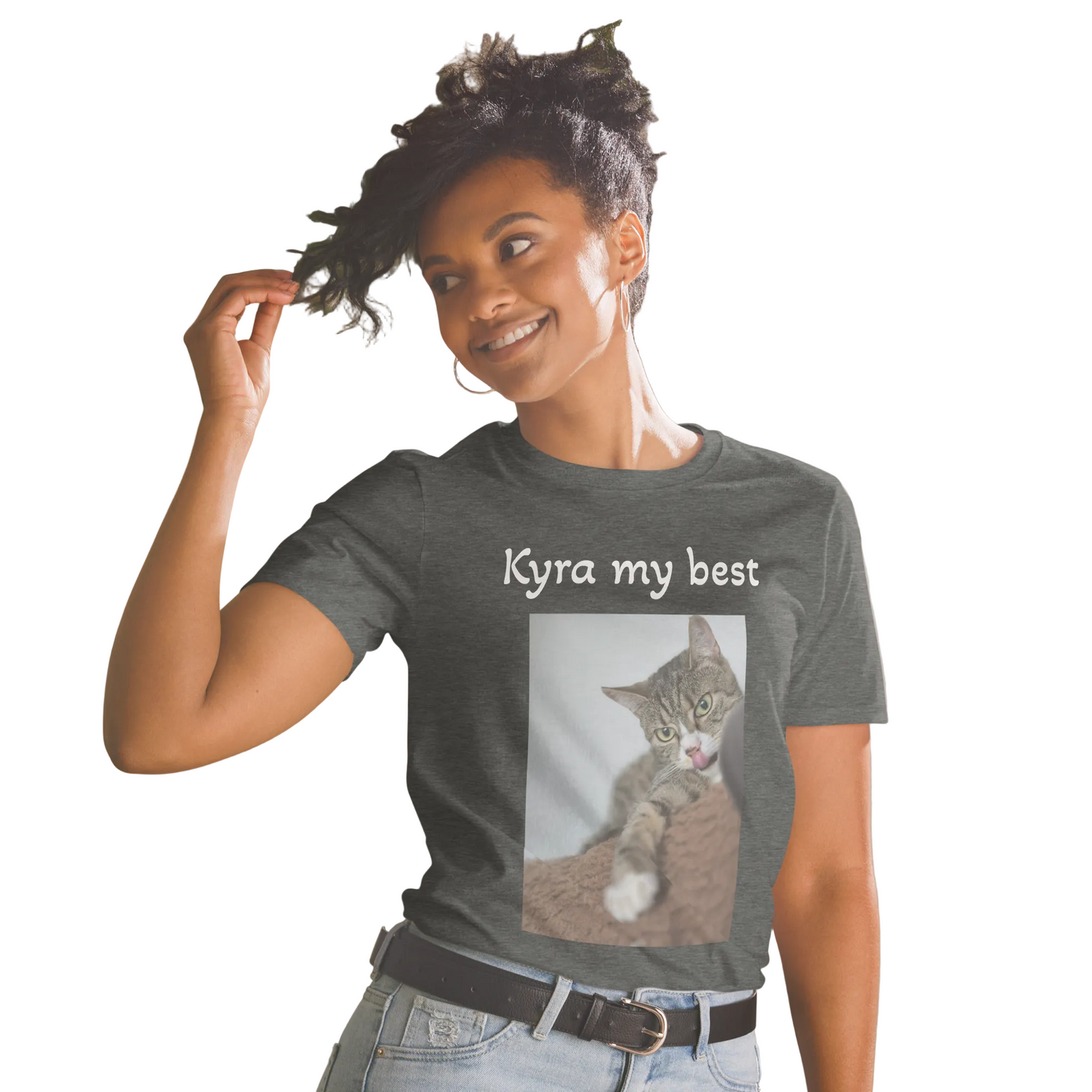 Dark Heather Personalisiertes Haustier T-Shirt in Navy mit Katzenfoto und individuellem Text – Sabiswelt