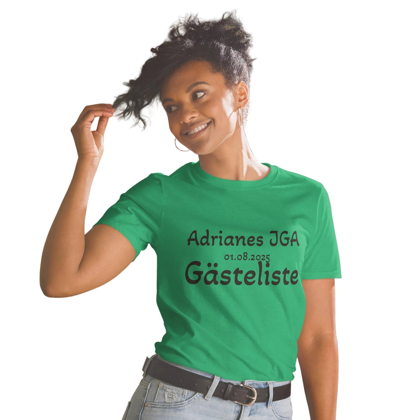 Grünes Unisex T-Shirt mit personalisiertem JGA Gästeliste Print – Name der Braut und Datum | Sabiswelt