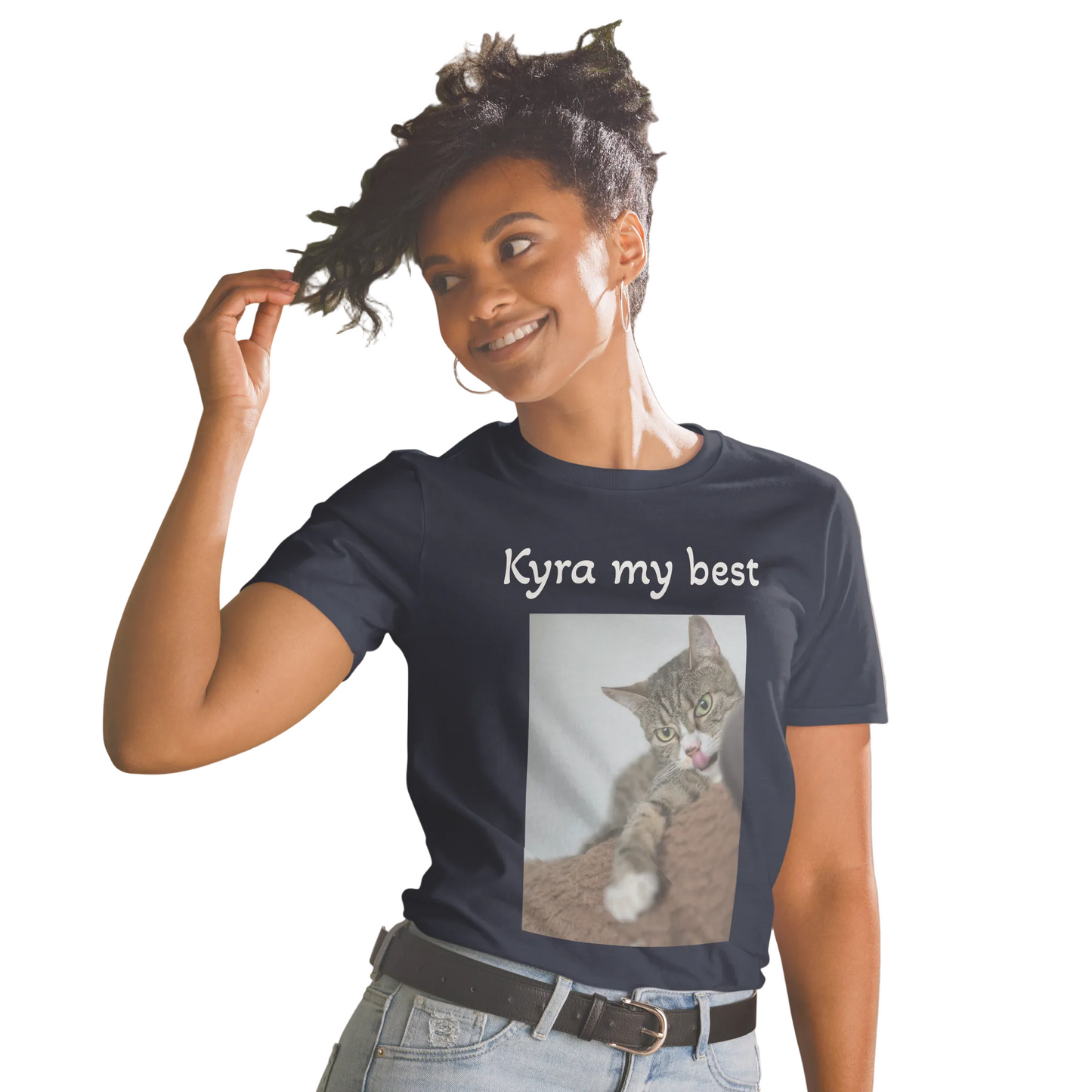 Navy Personalisiertes Haustier T-Shirt in Navy mit Katzenfoto und individuellem Text – Sabiswelt