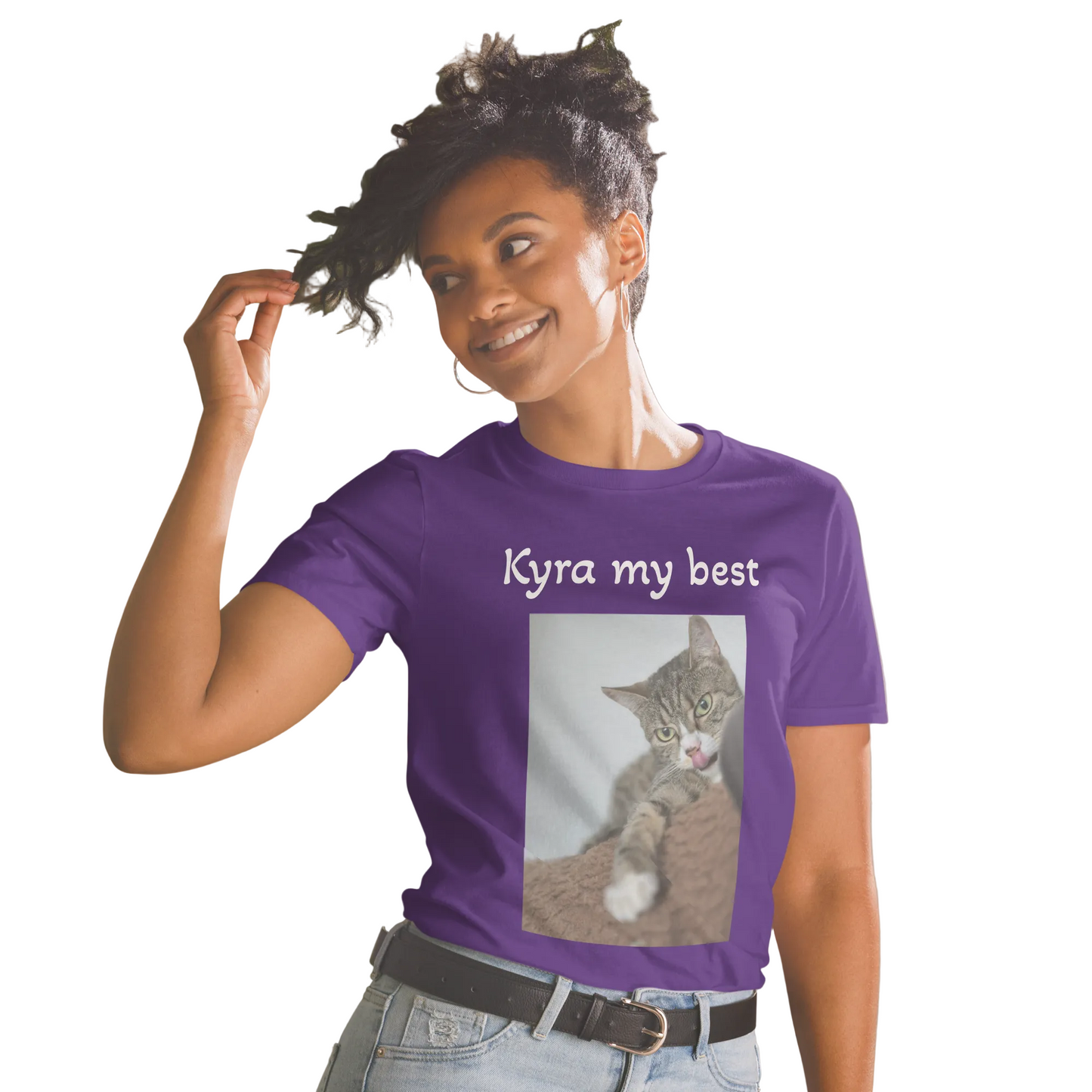 Purple Personalisiertes Haustier T-Shirt in Navy mit Katzenfoto und individuellem Text – Sabiswelt