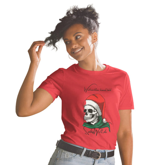 Rotes Unisex T-Shirt mit Totenkopf und Weihnachtsmütze Print – Gothic Weihnachtsshirt | Sabiswelt