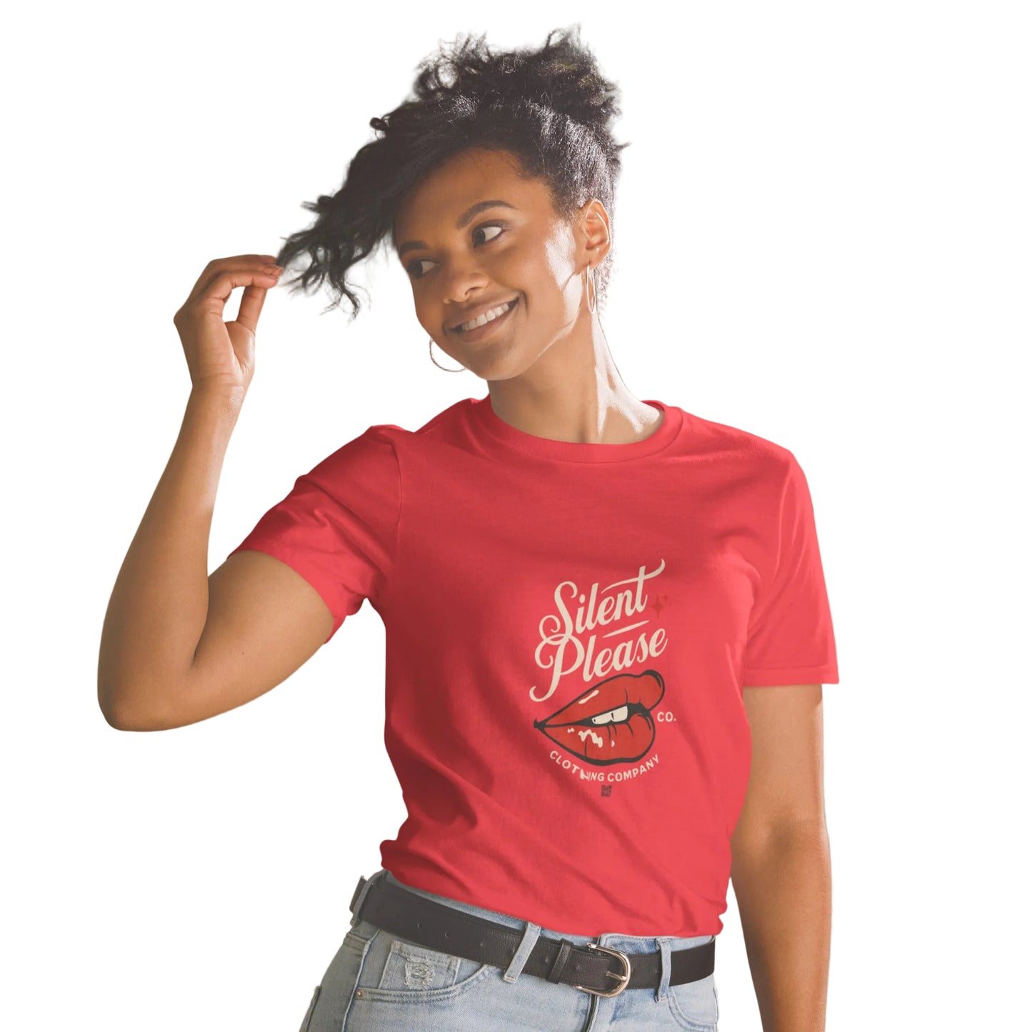 R„Silent Please" Statement T-Shirt in Schwarz mit Lippen-Print – Sabiswelttes 
