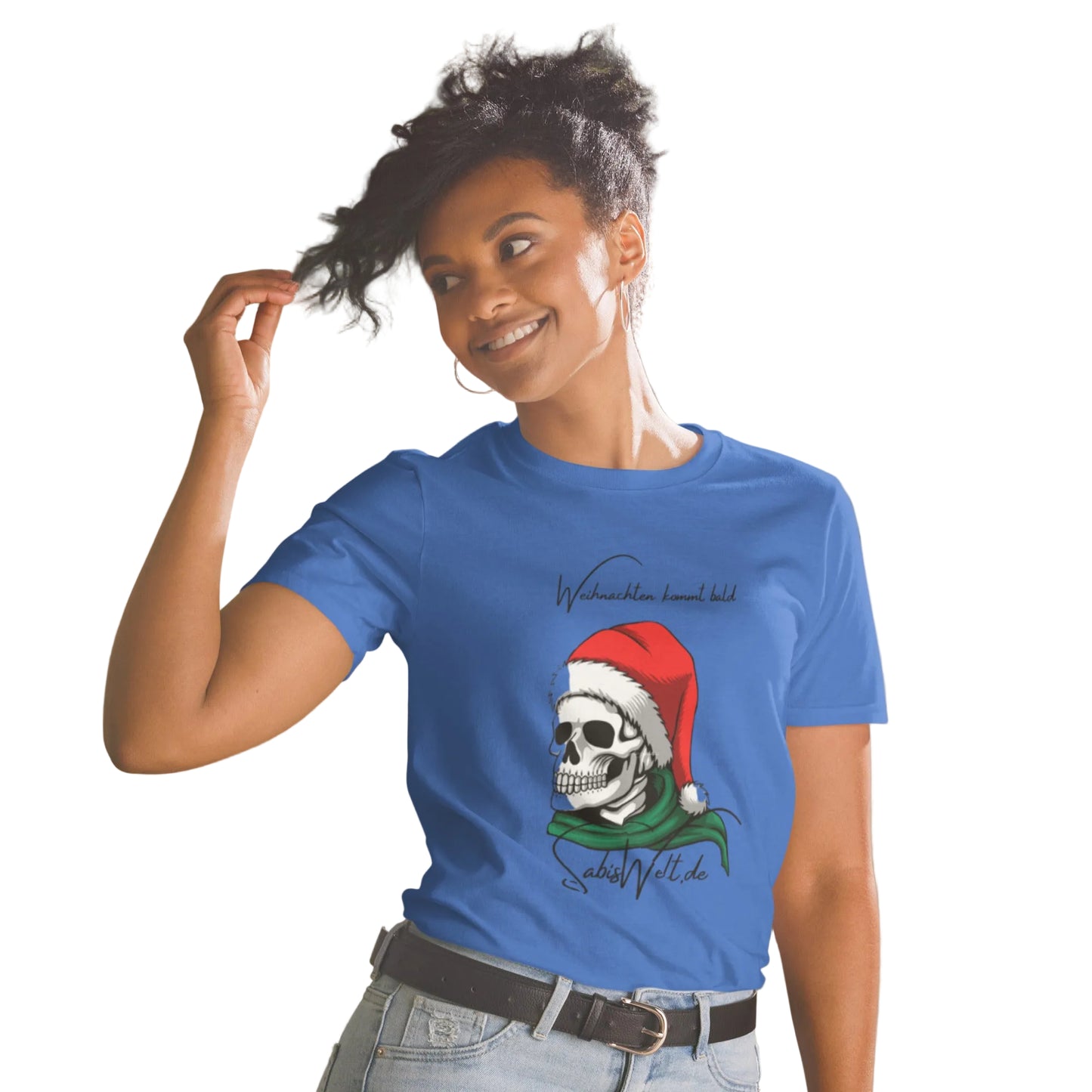 Royale Blaues Unisex T-Shirt mit Totenkopf und Weihnachtsmütze Print – Gothic Weihnachtsshirt | Sabiswelt