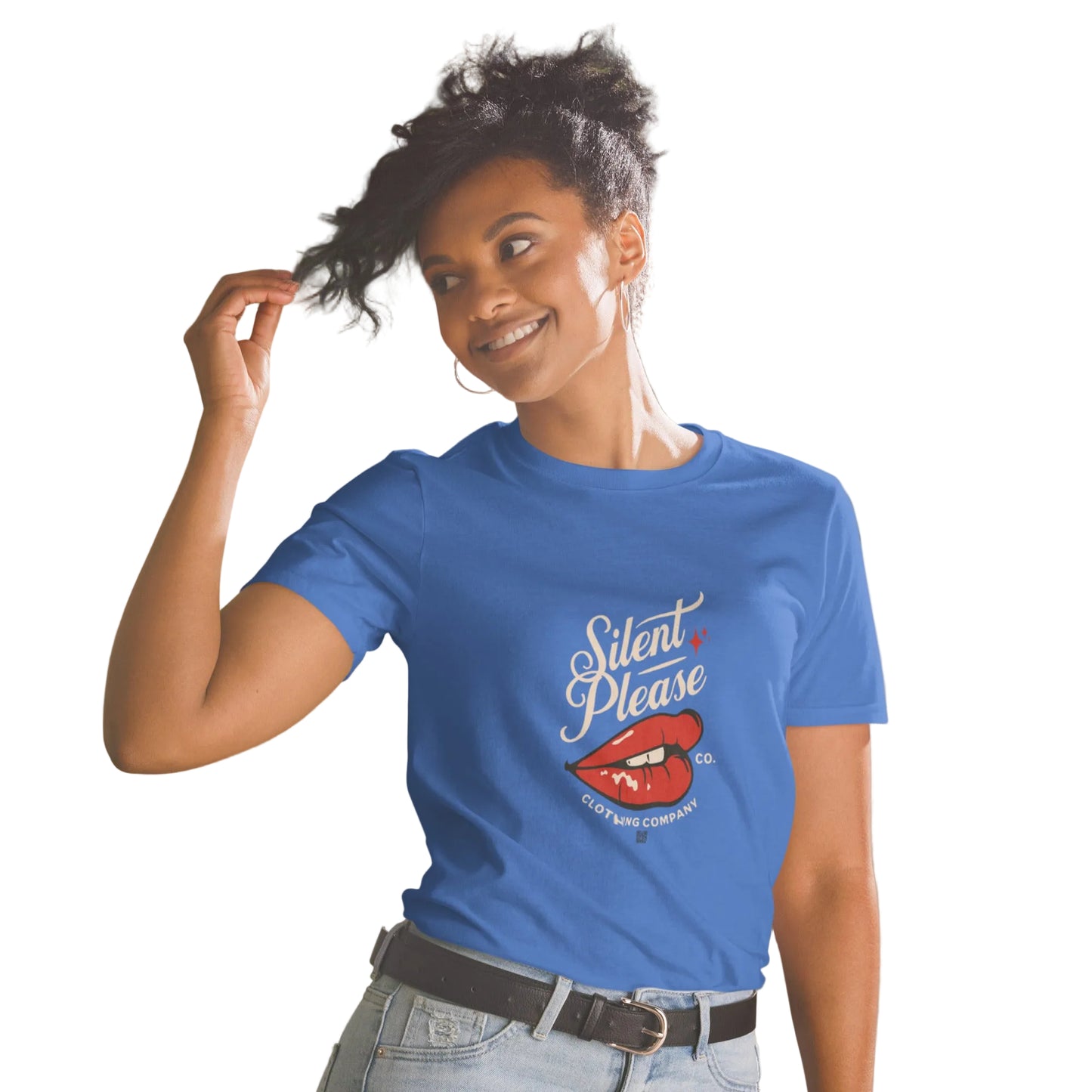 Royal Blaues „Silent Please" Statement T-Shirt in Schwarz mit Lippen-Print – Sabiswelt