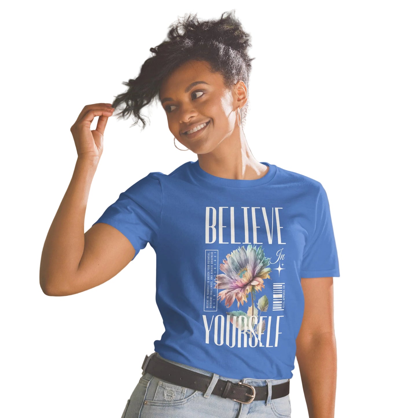 Inspirierendes Damen T-Shirt mit Believe Yourself Design als Geschenk für Frauen.