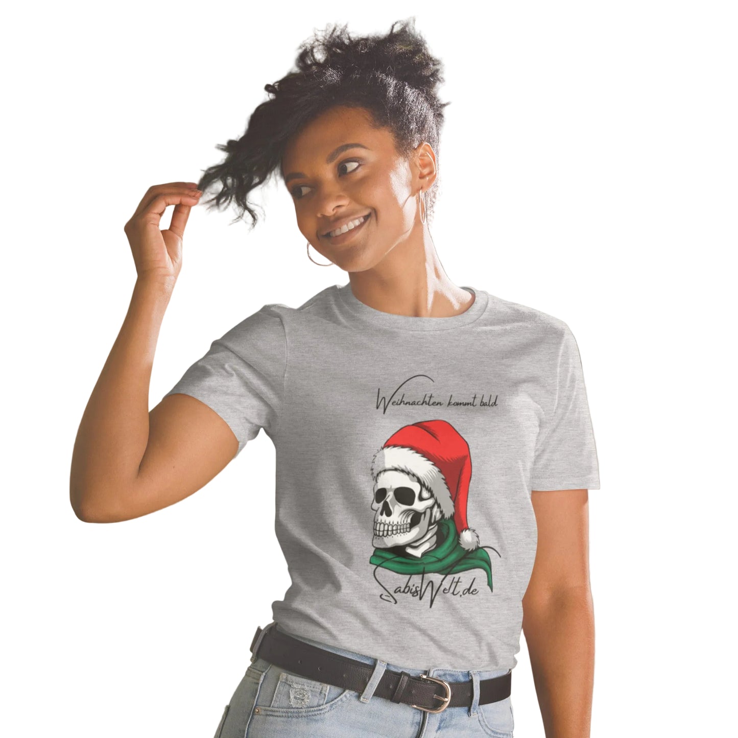 Graues Unisex T-Shirt mit Totenkopf und Weihnachtsmütze Print – Gothic Weihnachtsshirt | Sabiswelt