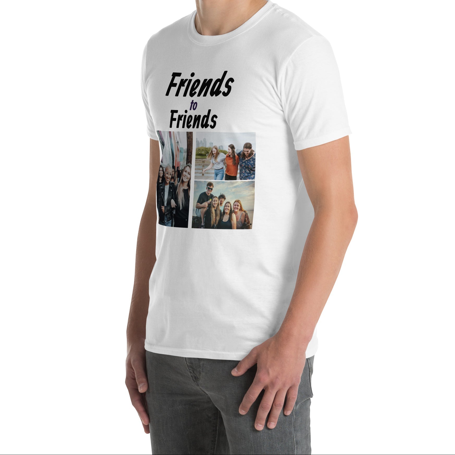 Weißes personalisiertes T-Shirt mit "Friends to Friends" Schriftzug und Freundschaftsfotos – Sabiswelt