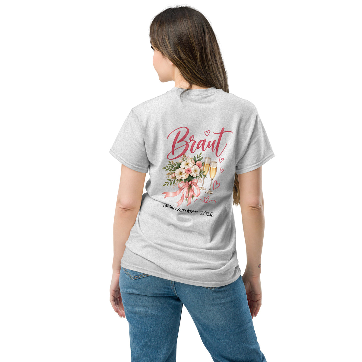 Graues JGA Braut T-Shirt mit Sektgläsern, rosa Herzen und individuellem JGA-Datum