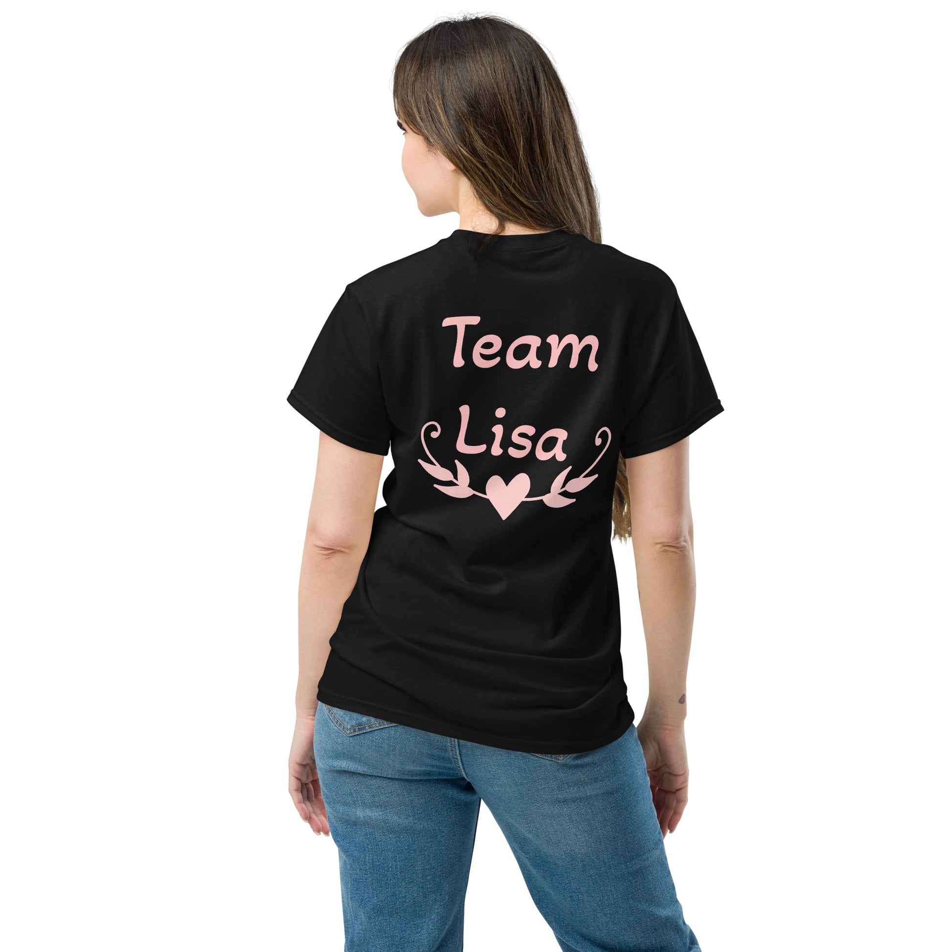 Personalisiertes JGA T-Shirt Team Lisa Rückseite – Schwarzes Shirt mit Pinkem Herz