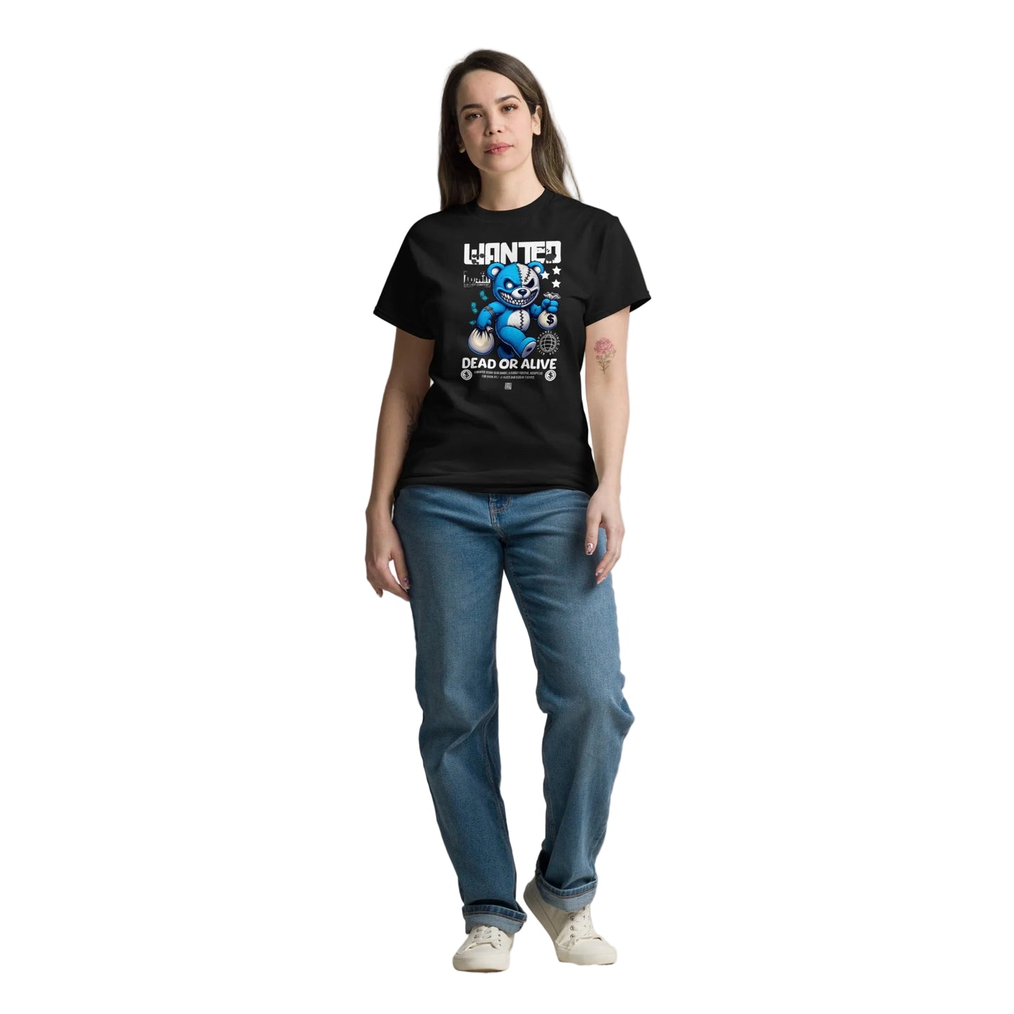 Schwarzes Unisex T-Shirt mit "Wanted Dead or Alive" Bären-Print in Blau – Streetwear Style | Sabiswelt