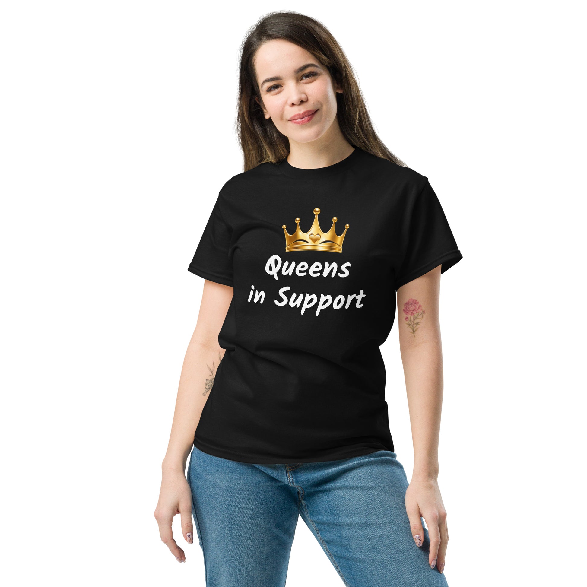 Personalisiertes JGA T-Shirt Team Braut Queens in Support – Schwarz mit Goldener Krone