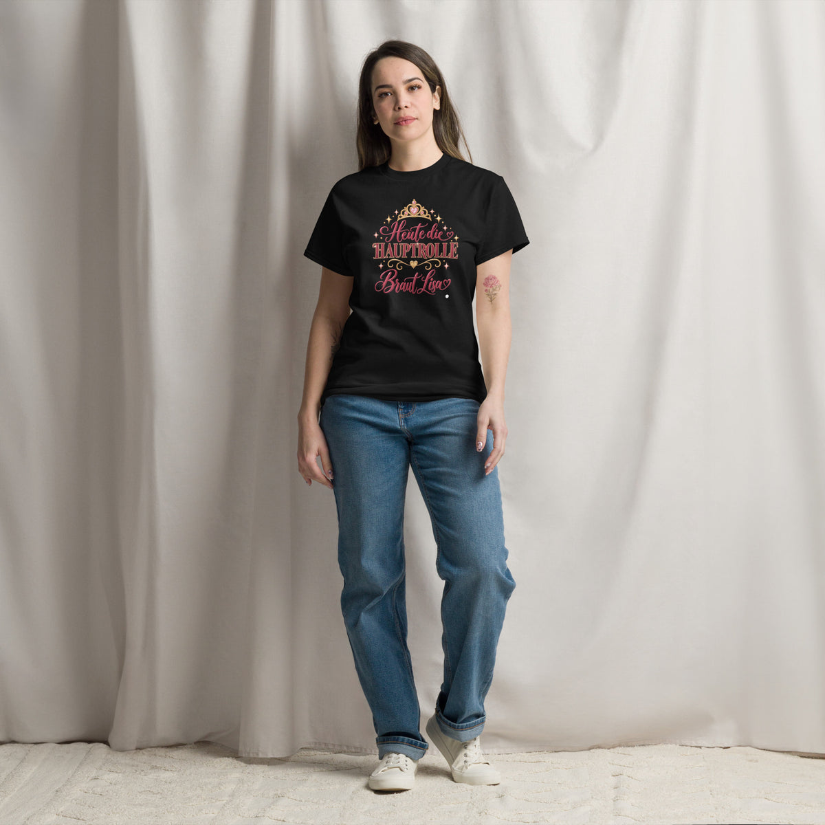 JGA-Shirt für die Braut mit Krone, Herzen und individuellem Namen