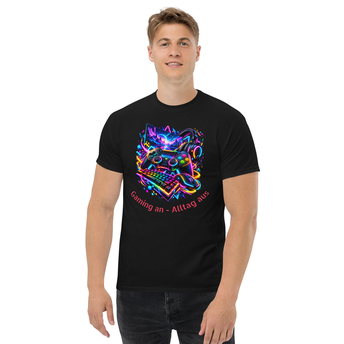 Schwarzes Gaming T-Shirt mit farbenfrohem Neon-Motiv aus Controller, RGB-Tastatur, Headset und futuristischer Landschaft.