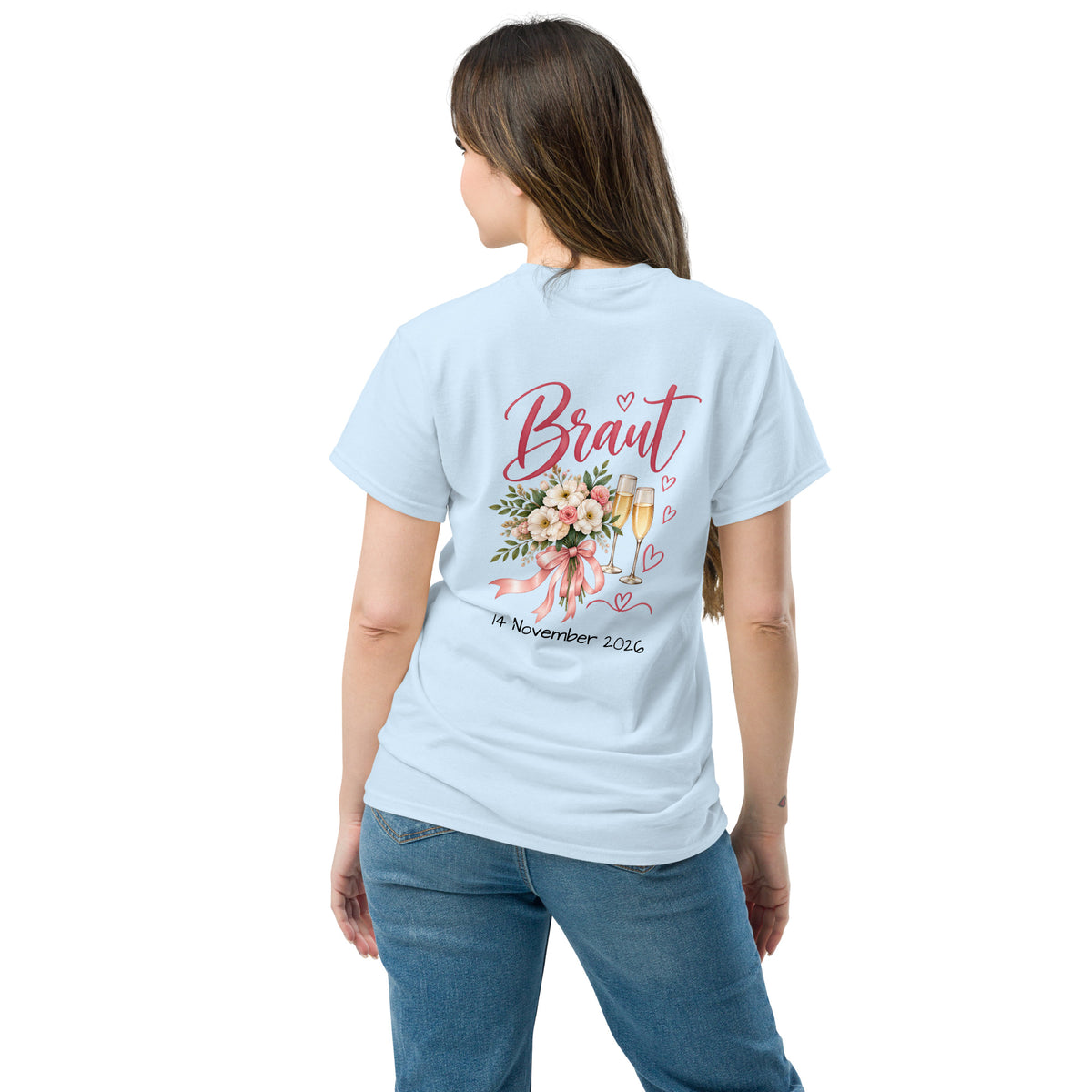 Hellblaues personalisiertes JGA Braut T-Shirt mit Blumenstrauß, Sektgläsern und Wunschdatum