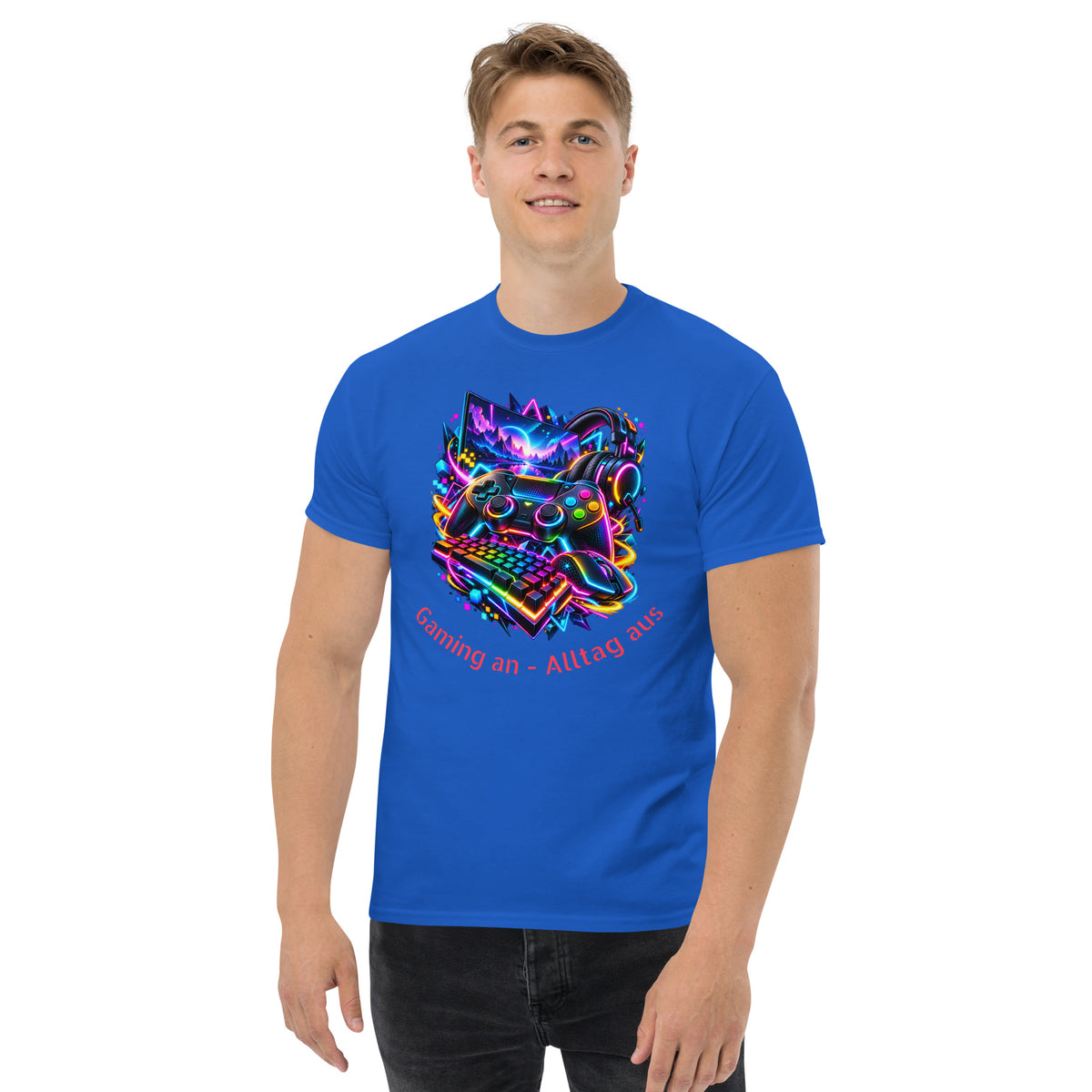 Blaues Gaming-Shirt mit RGB-Controller, Headset und leuchtenden Neonfarben für PC- und Konsolenfans.
