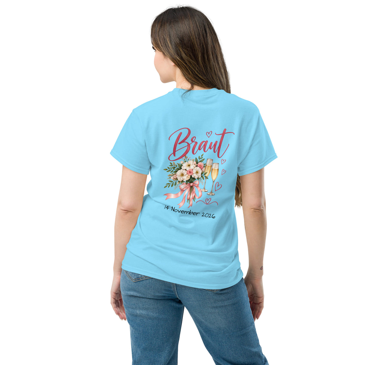 Blaues Braut-Shirt für den Junggesellinnenabschied mit romantischem Blumenmotiv und Datums-Personalisierung