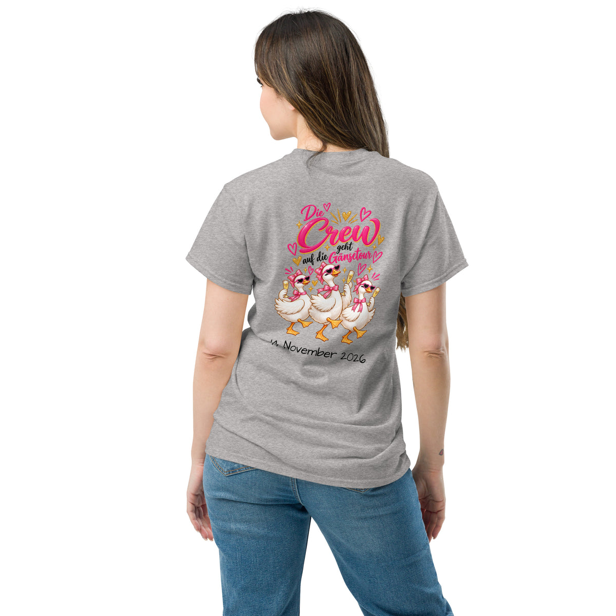 Sportgraues Crew-Shirt für den Junggesellinnenabschied mit Gänsen, Sektgläsern und individuellem Wunschdatum