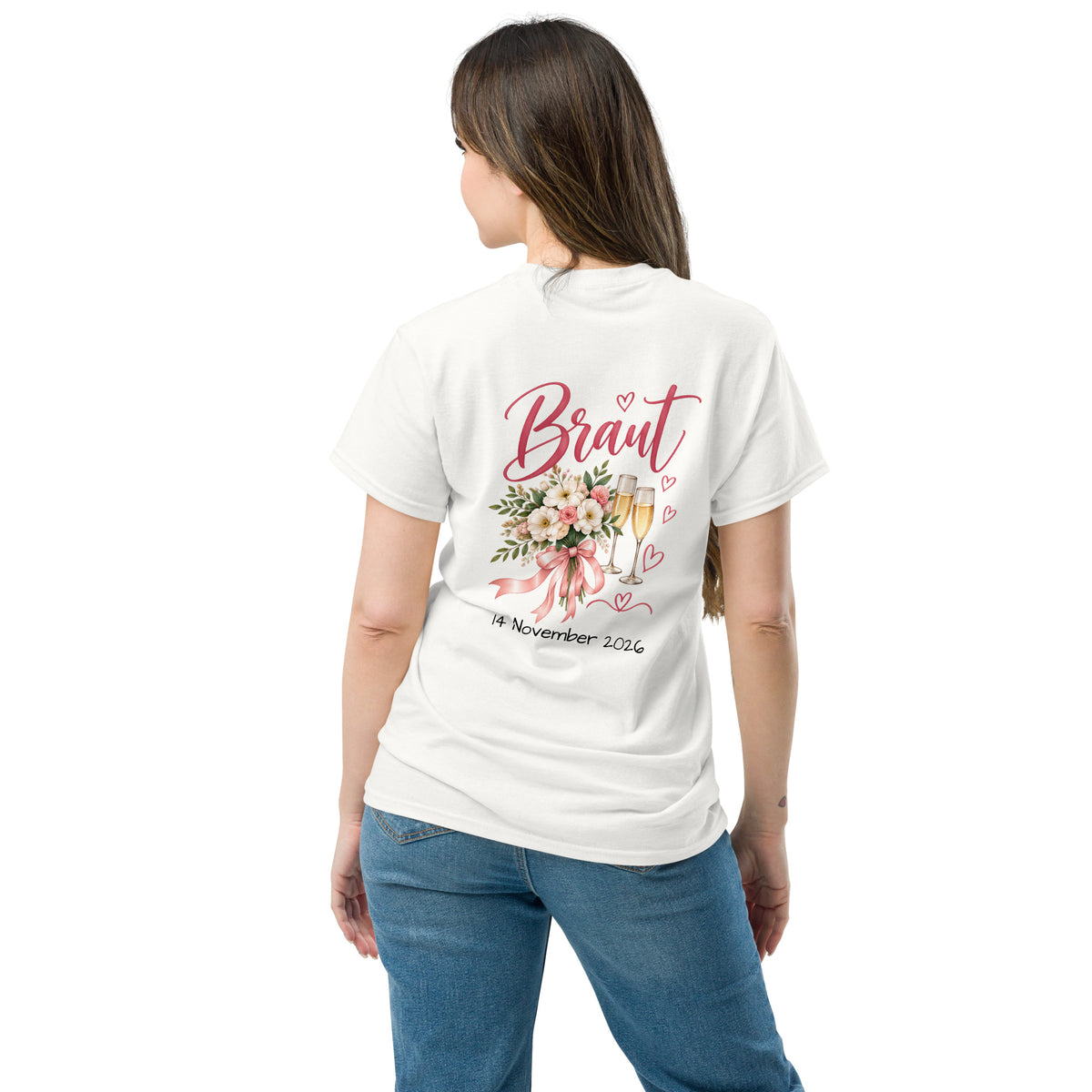 Weißes JGA Braut T-Shirt mit elegantem Braut-Schriftzug, Blumen und Wunschdatum