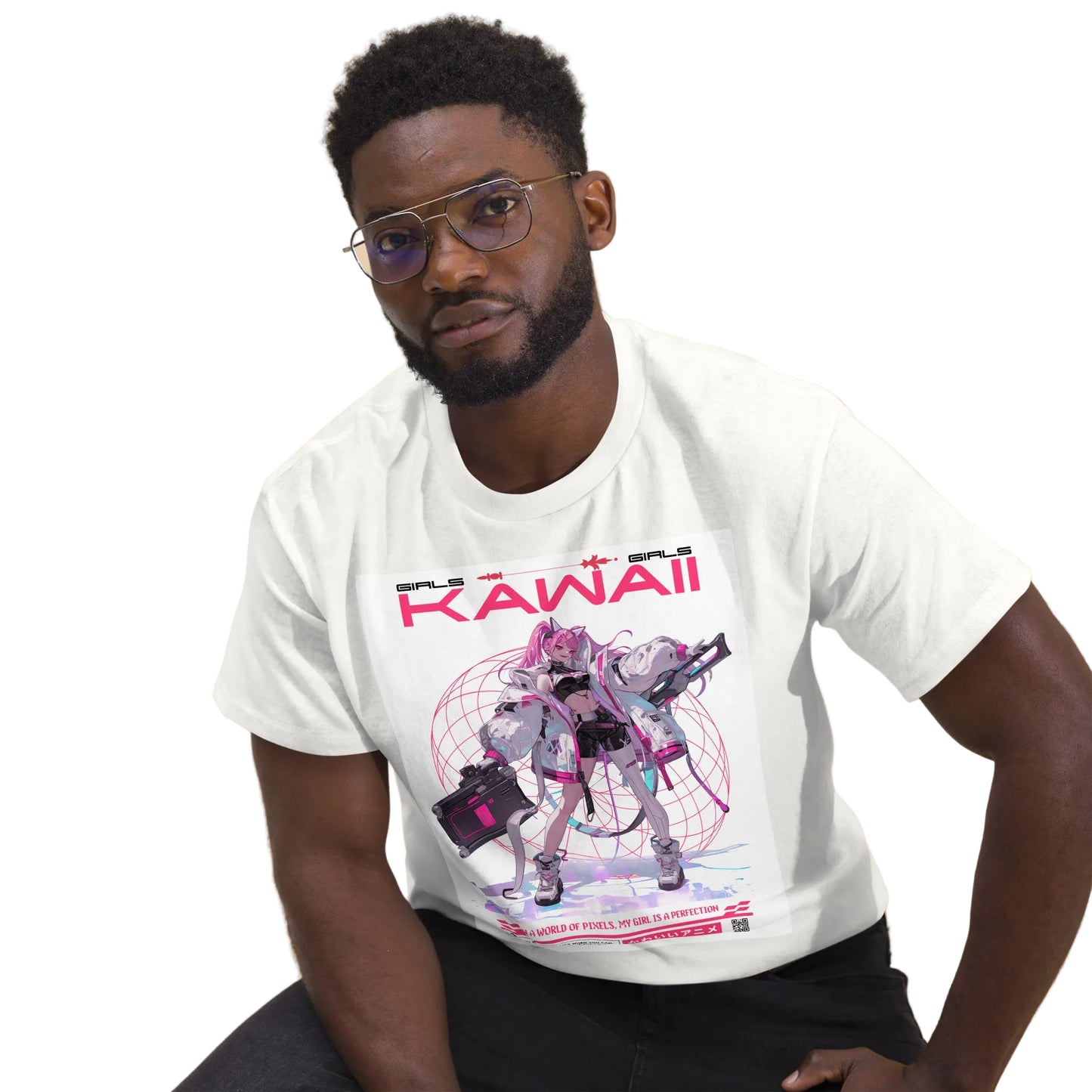 "Girls Kawaii" Anime T-Shirt in Weiß mit futuristischem Cyberpunk-Anime-Print in Pink – Sabiswelt