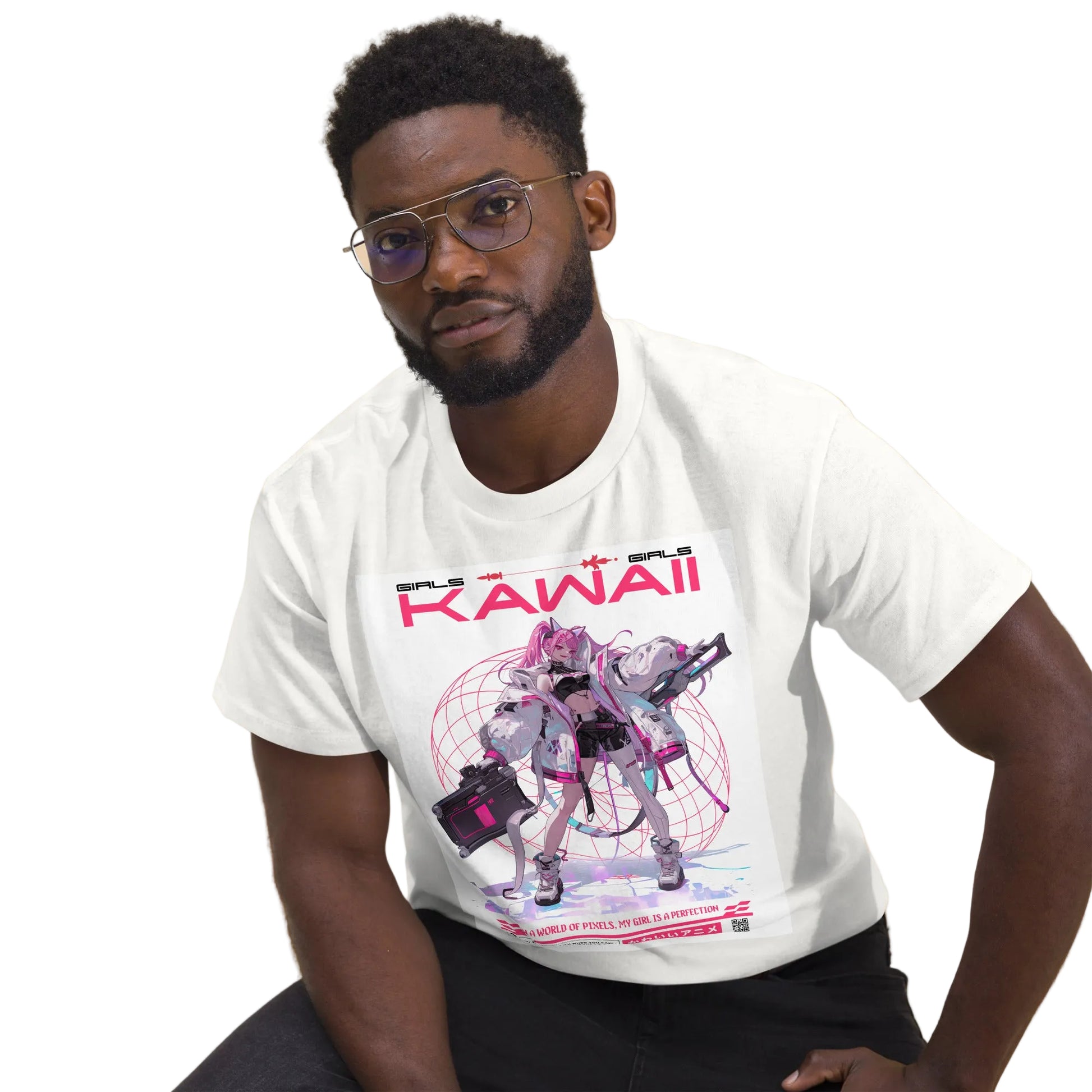 "Girls Kawaii" Anime T-Shirt in Weiß mit futuristischem Cyberpunk-Anime-Print in Pink – Sabiswelt