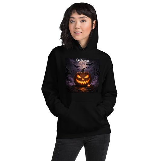 Schwarzer Halloween Hoodie Unisex mit leuchtendem Kürbis-Motiv und Fledermäusen
